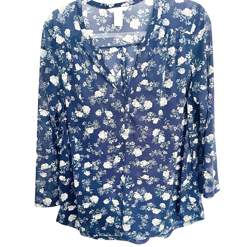 HM Navy Blue Floral Daisy Henley Blouse Long Sleeve Split Neck Top‎ Large